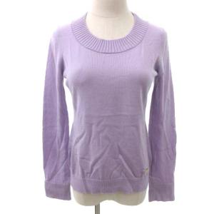 美品 ニット カットソー 長袖 クルーネック チェック 薄手 紫 パープル 38 M相当 FK ECR4