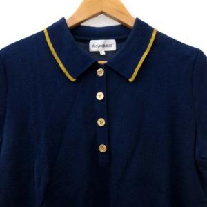 YVES SAINT LAURENT ヴィンテージ ポロシャツ ニット 金ボタン 半袖 ロゴ ライン 紺 ネイビー ゴールド L FK ECR4