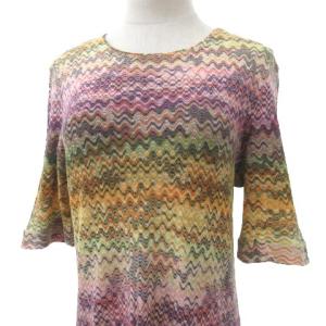 MISSONI ニット ワンピース ミディ丈 総柄 五分袖 イタリア製 国内正規 48 Lサイズ オレンジ系