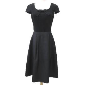 リボン レース ワンピース ひざ丈 フレンチスリーブ 切替 フレア スカート 40 Mサイズ 黒 ブラック