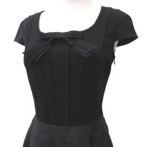 TO BE CHIC リボン レース ワンピース ひざ丈 フレンチスリーブ 切替 フレア スカート 40 Mサイズ 黒 ブラック