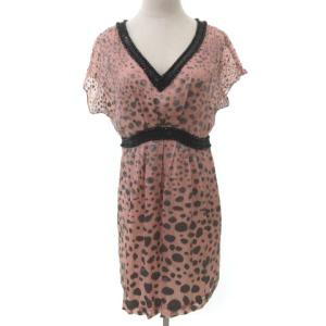 ワンピース ミ二 半袖 ビジュー シアー シルク100% ダルメシアン 36 ピンク