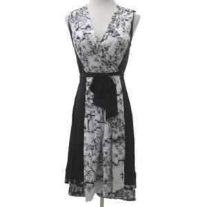 ラップ ワンピース ひざ丈 総柄 シフォン カシュクール ノースリーブ 0 XSサイズ ブラック