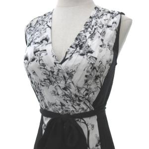DIANE von FURSTENBERG ラップ ワンピース ひざ丈 総柄 シフォン カシュクール ノースリーブ 0 XSサイズ ブラック