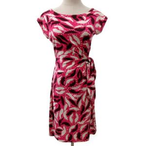 ワンピース ひざ丈 シルク100% 半袖 フレンチスリーブ 総柄 ストレッチ ピンク