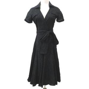 カシュクール ワンピース ひざ丈 パンチングレース 切替 フレア 2 S ブラック