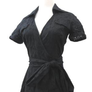 DIANE von FURSTENBERG カシュクール ワンピース ひざ丈 パンチングレース 切替 フレア 2 S ブラック