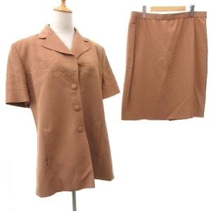 スーツセットアップ 半袖 刺繍 フランス製 リネン混 レーヨン 46 ダークベージュ