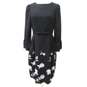 近年 ワンピース ひざ丈 薔薇刺繍 ローズ フリル袖 フロントリボン 38 Mサイズ 黒 ブラック