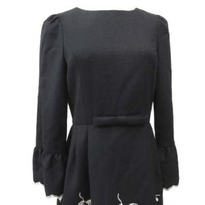 M'S GRACY 近年 ワンピース ひざ丈 薔薇刺繍 ローズ フリル袖 フロントリボン 38 Mサイズ 黒 ブラック