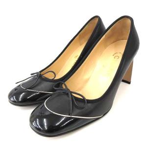 パンプス リボン ココマーク キャップトゥ ハイヒール レザー ブラック