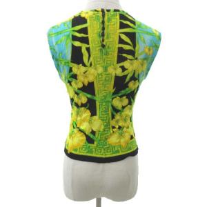 VERSACE ノースリーブ カットソー シルク 総柄 メデューサ バンブー フラワー イタリア製 40 Sサイズ 黄 イエロー