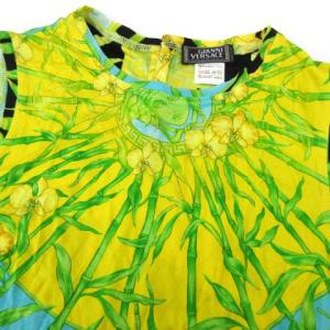 VERSACE ノースリーブ カットソー シルク 総柄 メデューサ バンブー フラワー イタリア製 40 Sサイズ 黄 イエロー