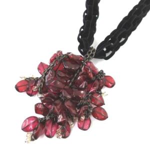 LANVIN 国内正規 ビーズ ビジュー ネックレス ベロア リボン ペンダント  レッド ブラック