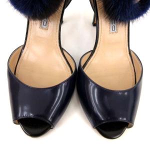 PELLICO パンプス ハイヒール オープントゥ ファー アンクルストラップ レザー 36 ネイビー