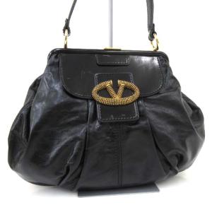VALENTINO ハンドバッグ レザー ラインストーンVロゴ タック がま口 イタリア製 ブラック