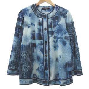 FASHION カーディガン シルク混 総柄 L 青