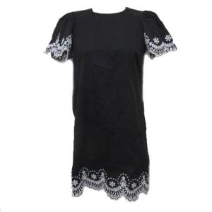 ワンピース ひざ丈 半袖 刺繍 コットン XS ブラック