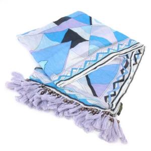 イタリア製 ストール リネン混 フリンジ ビーズ 総柄 パープル系 RRR