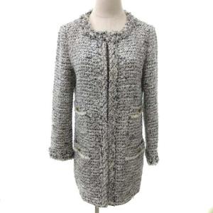 ノーカラージャケット ツイード ロング フリンジ 白 ホワイト 黒 ブラック 38 M相当 アウター FK IBO15