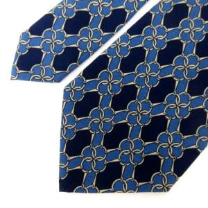 HERMES 美品 ネクタイ シルク100% 総柄 フランス製 ネイビー