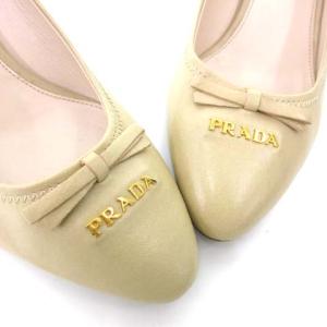 PRADA イタリア製 パンプス レザー リボン ハイヒール ロゴ 37 24cm ベージュ IBO15