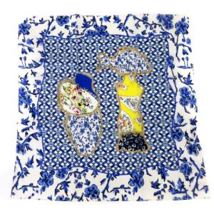 タグ付き スカーフ ハンカチ ロゴ 花柄 総柄 コットン100% 青