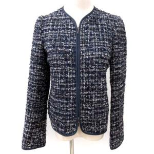 美品 ノーカラージャケット ツイード  ショート丈 紺 ネイビー 1 S相当 FK3196