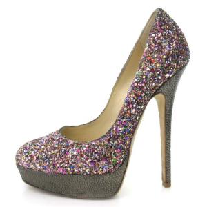 JIMMY CHOO グリッター パンプス プラットフォーム ハイヒール 切替 レザー 24cm ピンク系