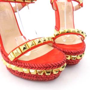 Christian Louboutin ウェッジソール サンダル スタッズ スエード 37 オレンジ
