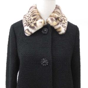 kate spade new york 近年モデル コート ロングコート ステンカラー レオパード柄 ファー ビジューボタン 2 M 黒 ブラック