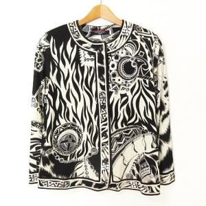 FASHION ノーカラージャケット 薄手 総柄 シルク混 M ブラック