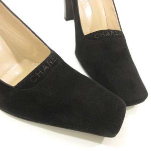 CHANEL パンプス スクエアトゥ ロゴ ココマーク スエード 38 黒