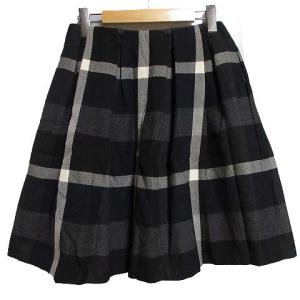 チェック プリーツ スカート ひざ丈 ウール ウエストゴム バックファスナー 36 ネイビー