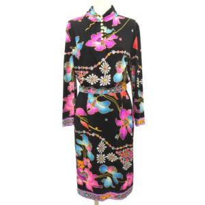 FASHION セットアップ トップス スカート 上下 ジュエリー 宝石柄 花柄 シルク混 金ボタン M 黒 ブラック IBO19