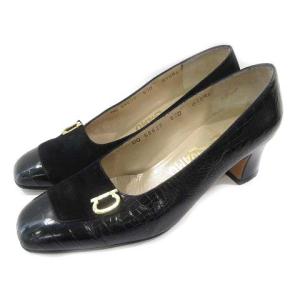 ガンチーニ パンプス スエード チャンキーヒール クロコ型押し ブラック