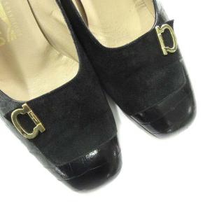 Salvatore Ferragamo ガンチーニ パンプス スエード チャンキーヒール クロコ型押し ブラック