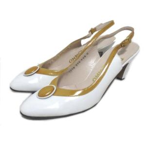 パンプス バックストラップ コーンヒール 5 ホワイト キャメル 