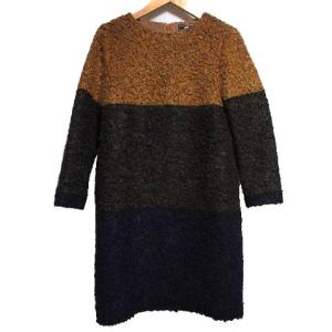 ワンピース ミニ 長袖 ブークレ ボーダー クルーネック 36 ベージュ ダークグレー ネイビー