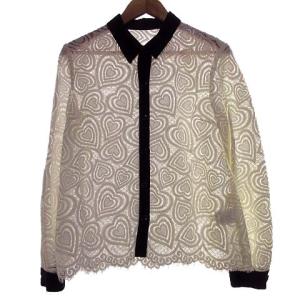 19SS クレリックシャツ 長袖 ハート 総レース バイカラー 38 ホワイト ブラック