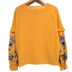 プルオーバー ブラウス 長袖 フリル フラワー袖刺繍 36 イエロー