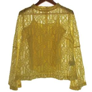 総レース ブラウス プルオーバー 長袖 ハイネック キャミ付き 38 イエロー