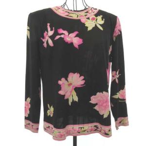 Fashion 花柄 カットソー 長袖 肩タック フラワープリント シルク混ウール L ブラック