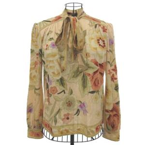 FASHION ブラウス ボウタイ 花柄 シルク混 L ベージュ