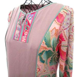 LEONARD FASHION ワンピース ひざ丈 パイピング衿Vネック ウール シルク混 花柄 40 M ピンク