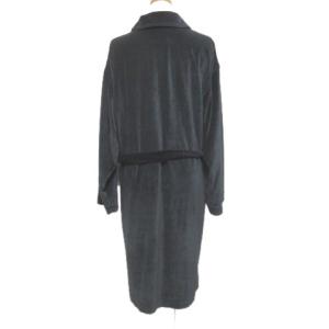 YVES SAINT LAURENT コート ベロア ロング ヴィンテージ チャコールグレー M ウエストリボン ロゴ刺繍 IBO21 X