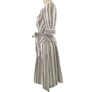 TO BE CHIC 近年 ワンピース 膝丈 フリル ストライプ リネン混 ウエストリボン 五分袖 M ベージュ