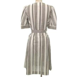 TO BE CHIC 近年 ワンピース 膝丈 フリル ストライプ リネン混 ウエストリボン 五分袖 M ベージュ