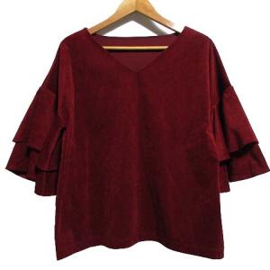 ベロア ブラウス カットソー 七分袖 Vネック ストレッチ ティアードフリル 36 レッド