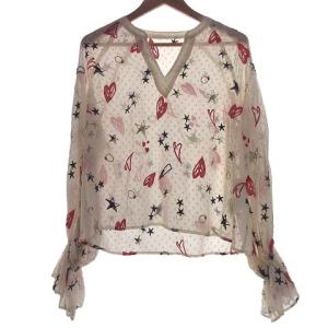 18SS 長袖ブラウス シアー ドット 総柄 刺繍 キーネック 36 ベージュ